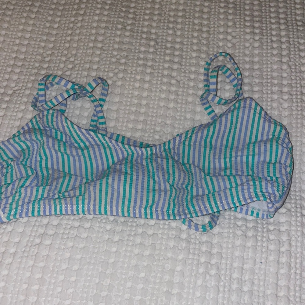 blue and teal striped bikini top